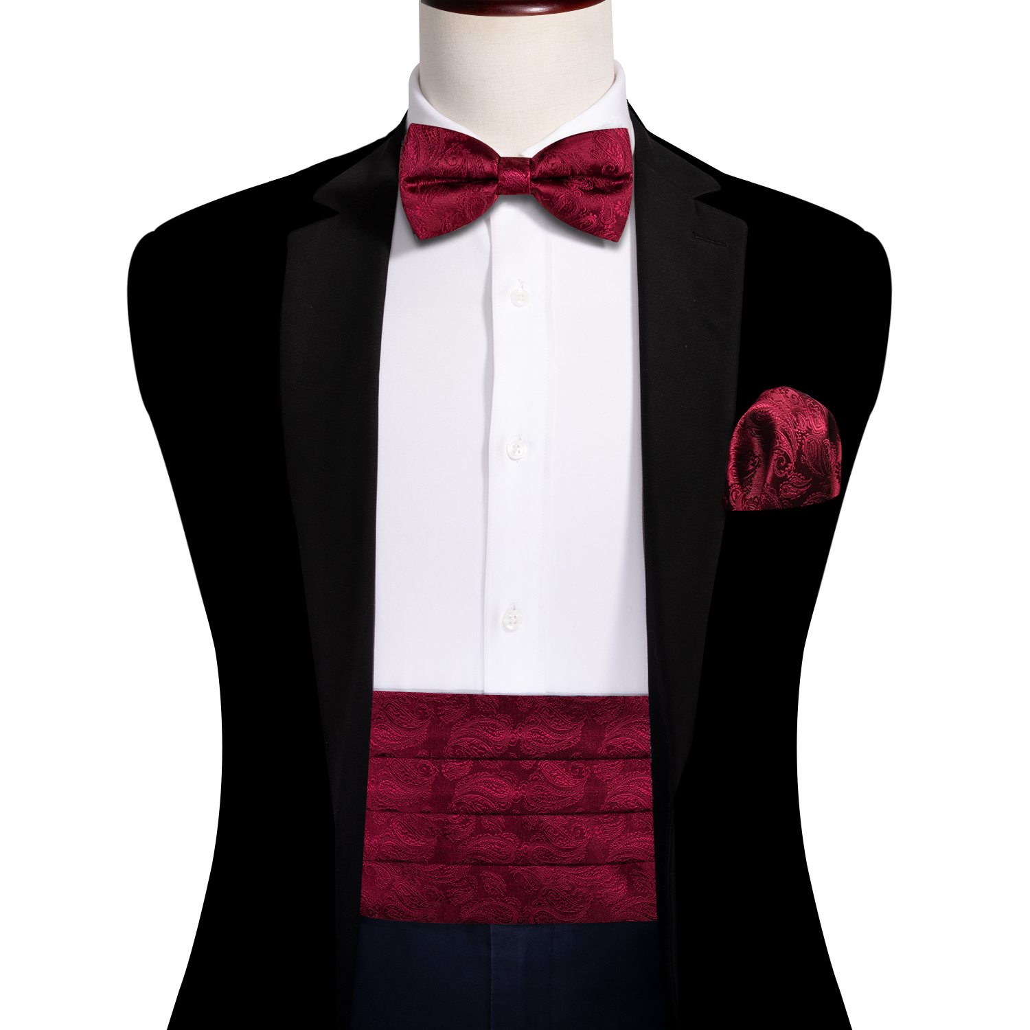 Navy Blue Cummerbund Men Silk Bowtie Pocket Square Cufflinks Sets Classic Paisley Male Accessories Wedding Party Barry.Wang 1031: Silver