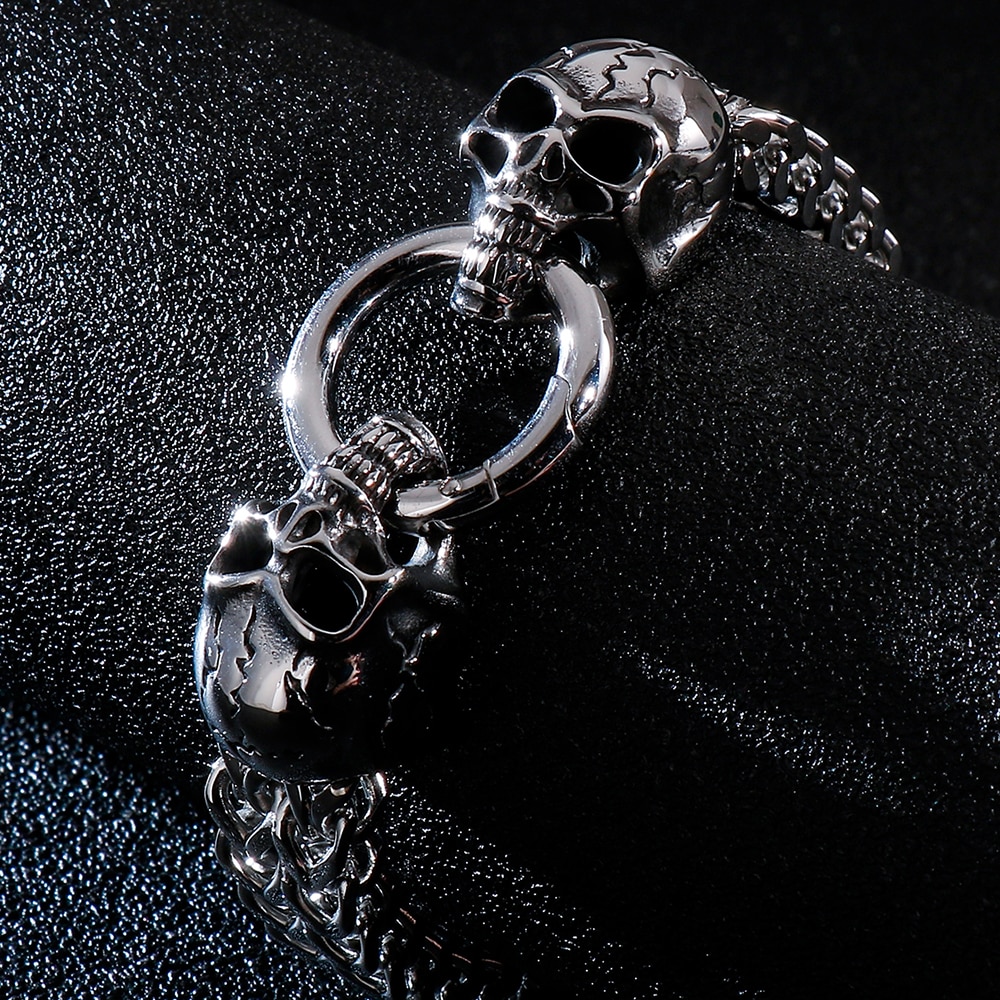 Gothic Double Skull Bracelet For Men 316L Stainless Steel Heavy Shiny Skeleton Charm Link Chain Mens Bracelets Male Jewelry