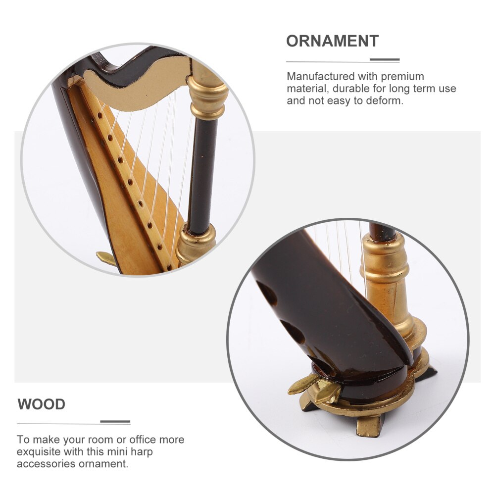 Mini Harp Model Wooden Harp with Box Musical Instrument Replica Table Ornament