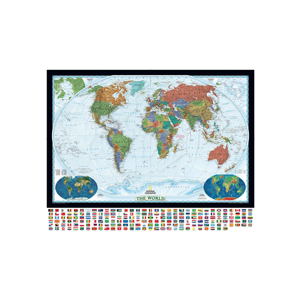 Verdens fysiske kort med verdens landdækning og landformer foldbart kort, der ikke falmer, med nationalt flag til kultur og uddannelse