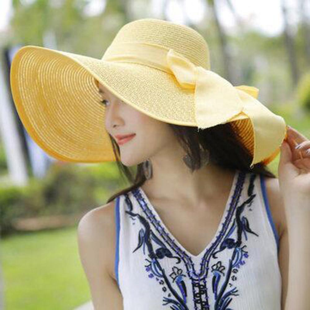 Zon Hoeden Voor Vrouwen Floppy Opvouwbare Wide Brim Stro Cap Chapeau Strikje Riem Dames Elegante Mode Zonnebrandcrème Strand Hoeden: Yellow