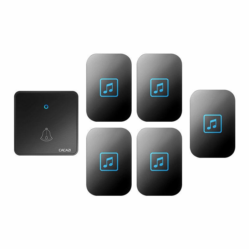 CACAZI – sonnette sans fil étanche à 300M, télécommande à 60 anneaux, batterie CR2032, 1 émetteur 5 récepteurs, prise US EU UK, carillon 0-110DB: black 1x5 / L'UA