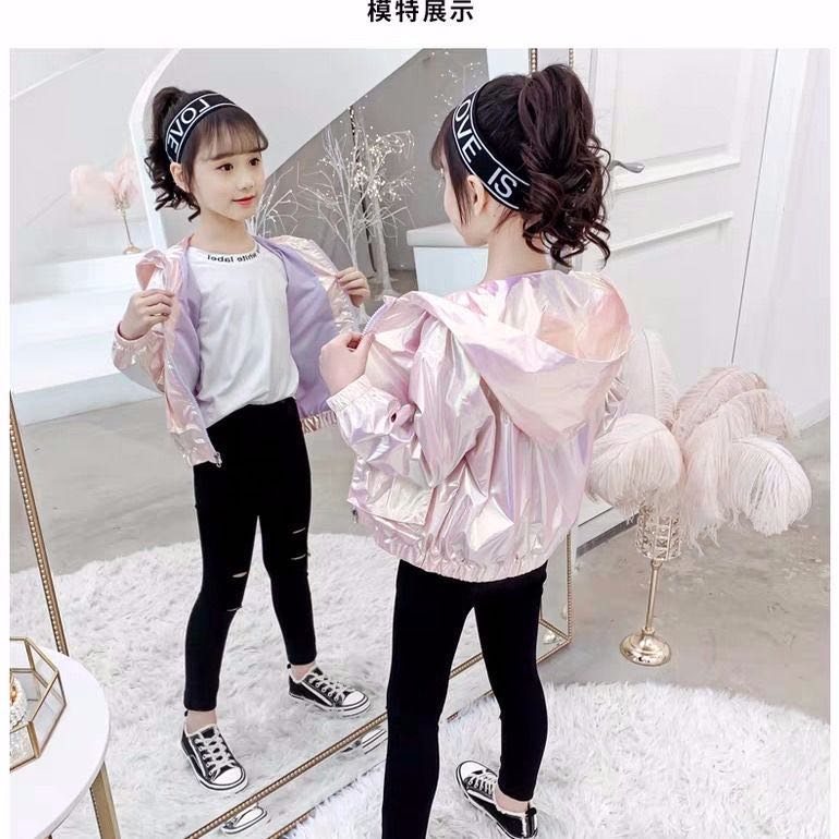 Pigens forår frakke ungdom hvid lynlås hættetrøje tøj koreansk baby lille pige farverige lyse læder pu jakke