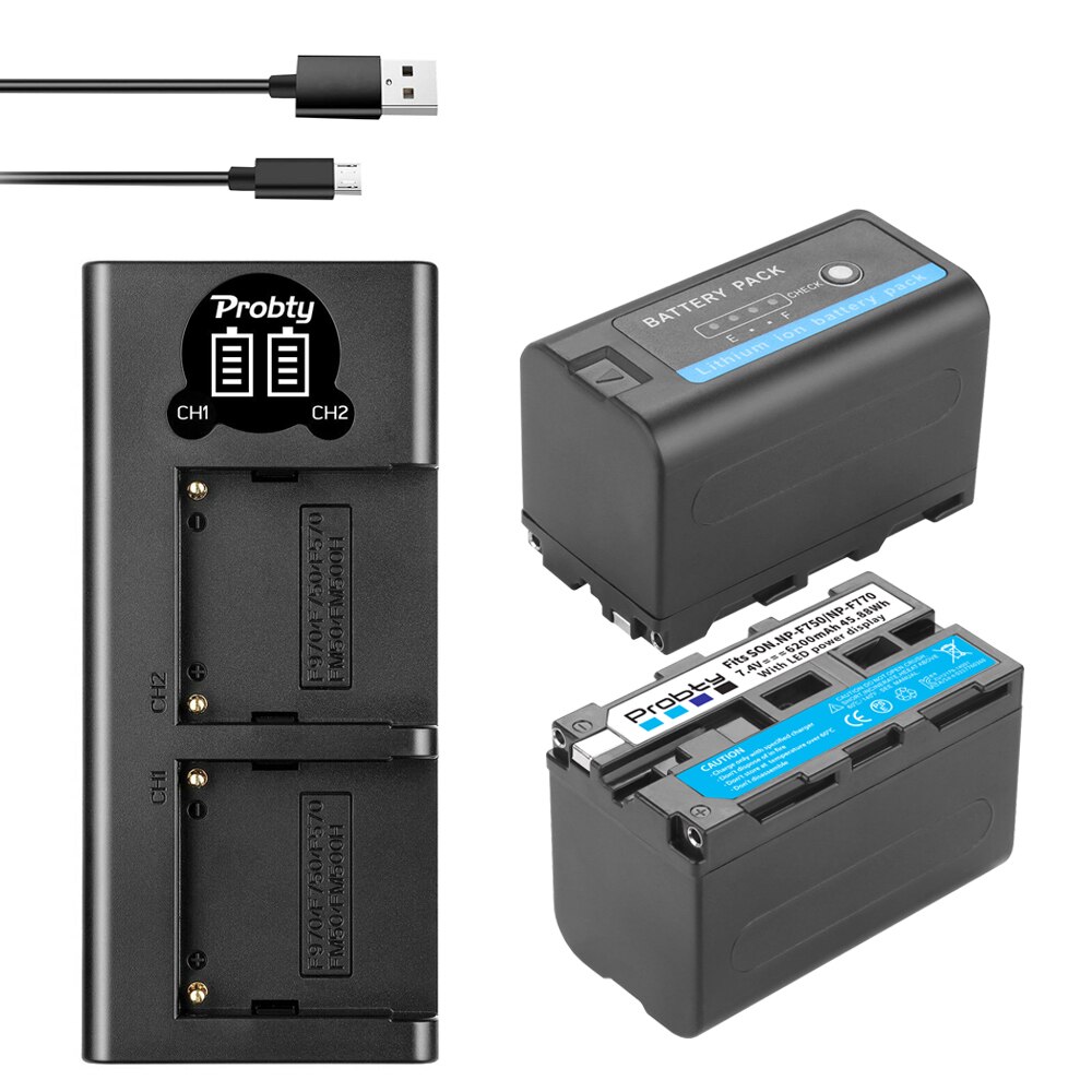 7.4V 6200mAh NP-F770 NP-F750 Li-ion Battery + LED USB Dual Charger For Sony NP F970 F960 F550 F570 QM91D CCD-RV100 TRU47E: 2BatteryWithCharger