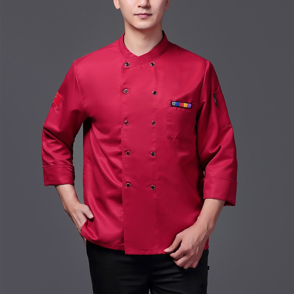 breathable unisex casual chef jacket flag kitchen catering restaurant service work uniform embroidery: Red chef suit / M