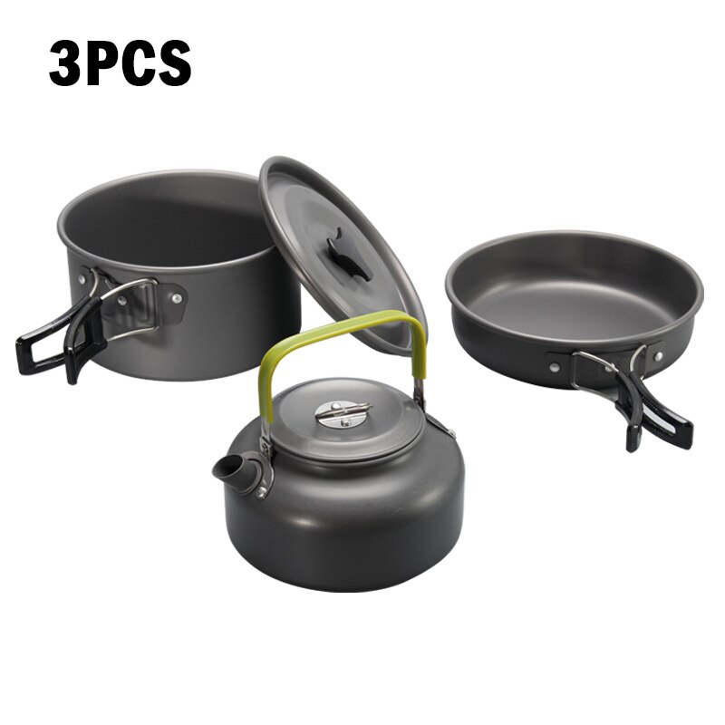 Camping Cookware Kit Outdoor Aluminum Cooking Set Water Kettle Pan Pot Travelling Hiking Picnic BBQ Tableware Equipment: Black 3 set