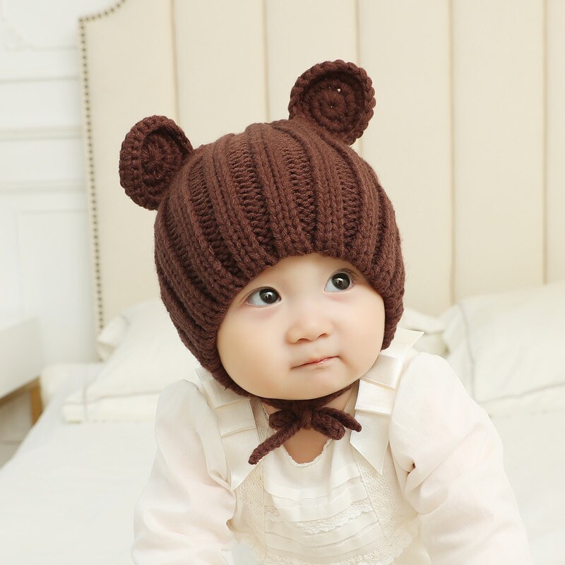 Gorro de punto con orejas para bebé, gorro con cordones de dibujos animados, para niños de 0 a 2 años, 6 colores