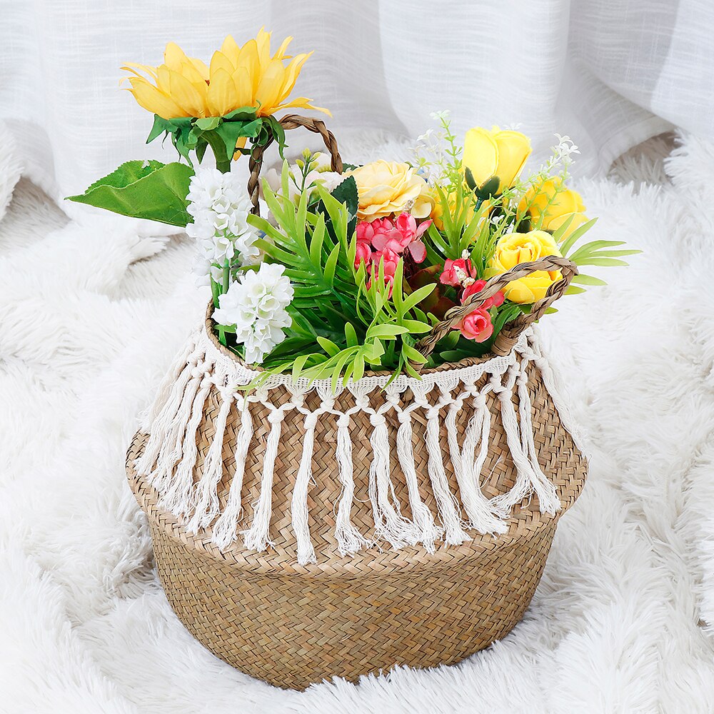 Handmade Home Decor Macrame Tassel Wicker Basket Seagrass Garden Flower Pot Foldable Laundry Storage Rattan Basket Toy Holder