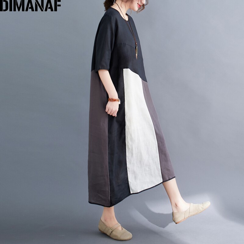 DIMANAF-vestido holgado de talla grande de algodón y lino para verano, traje de retazos negro para mujer