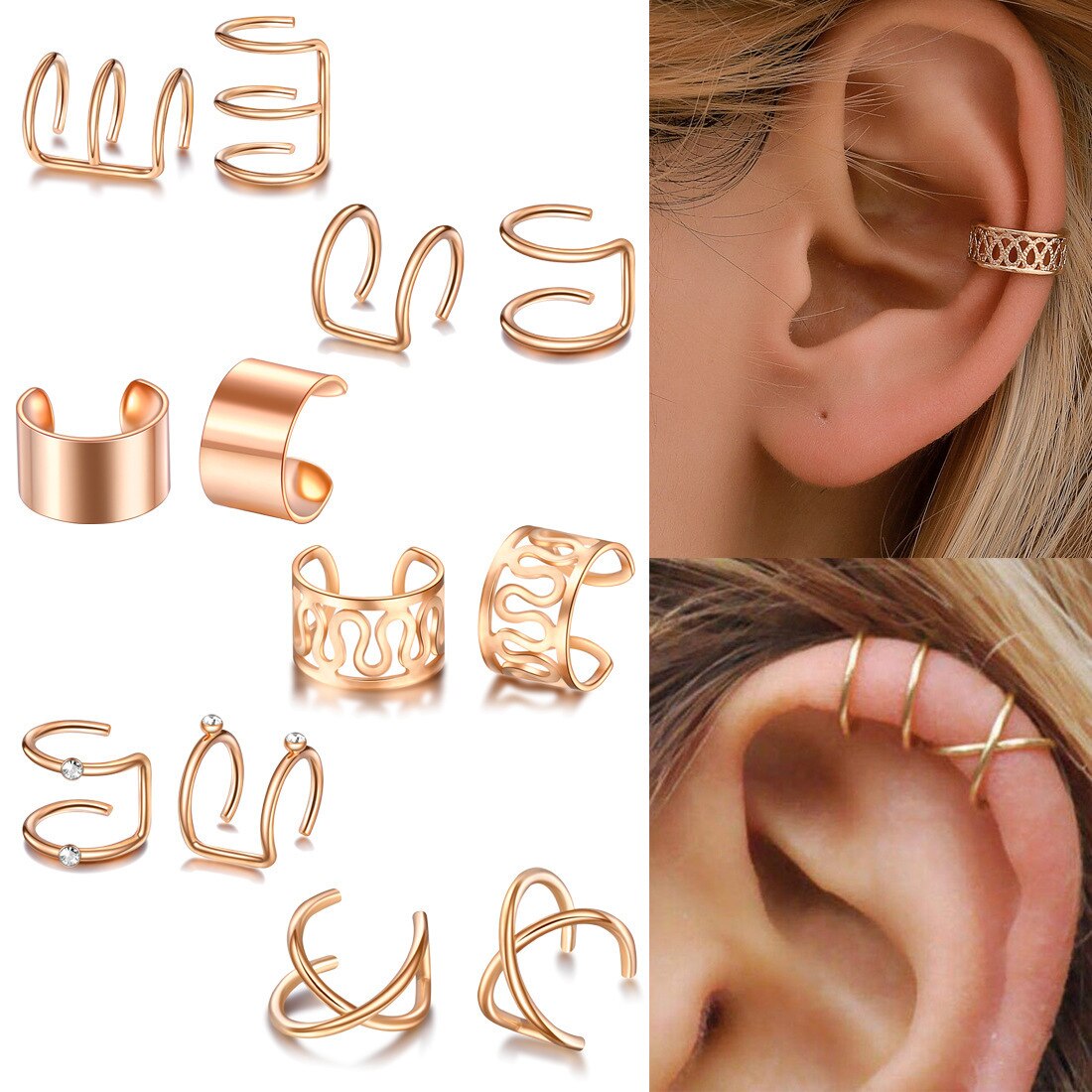 12pcs/set Punk Rock Ear Clip Cuff Wrap Earrings No piercing-Clip On Cartilage Wrap Earring