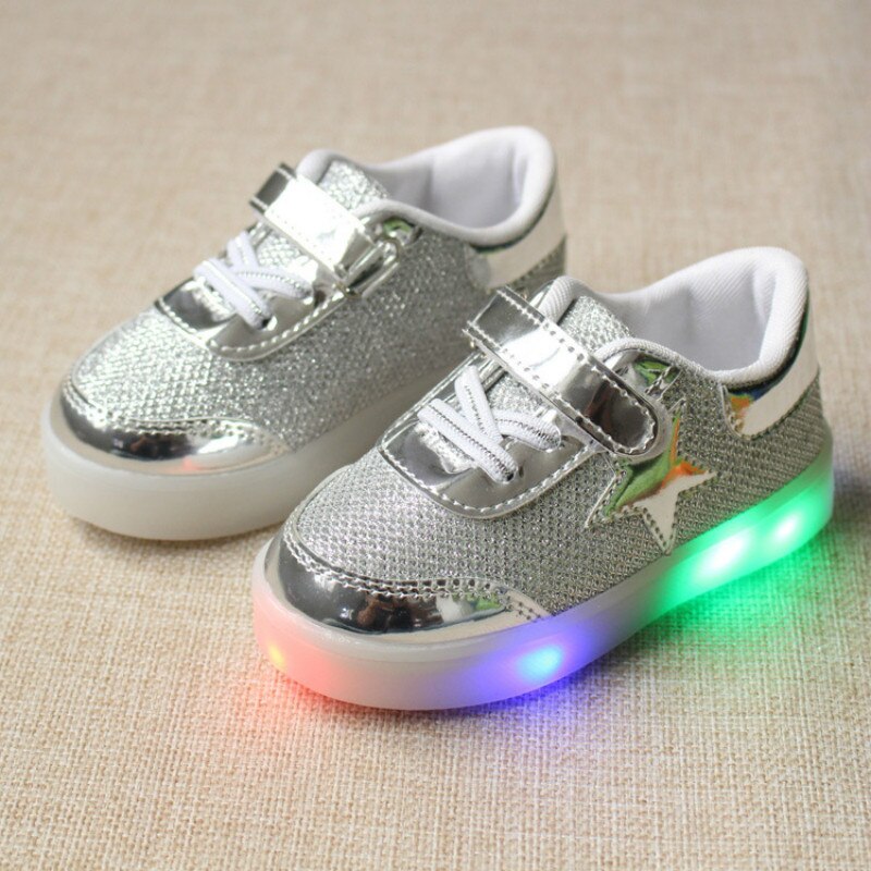 Rozmiar 21-30 świecące trampki dla dziewczynek dzieci buty z lampkami Led chłopcy świecące obuwie dziecięce trampki ze świecącą podeszwą: Srebrny / 21