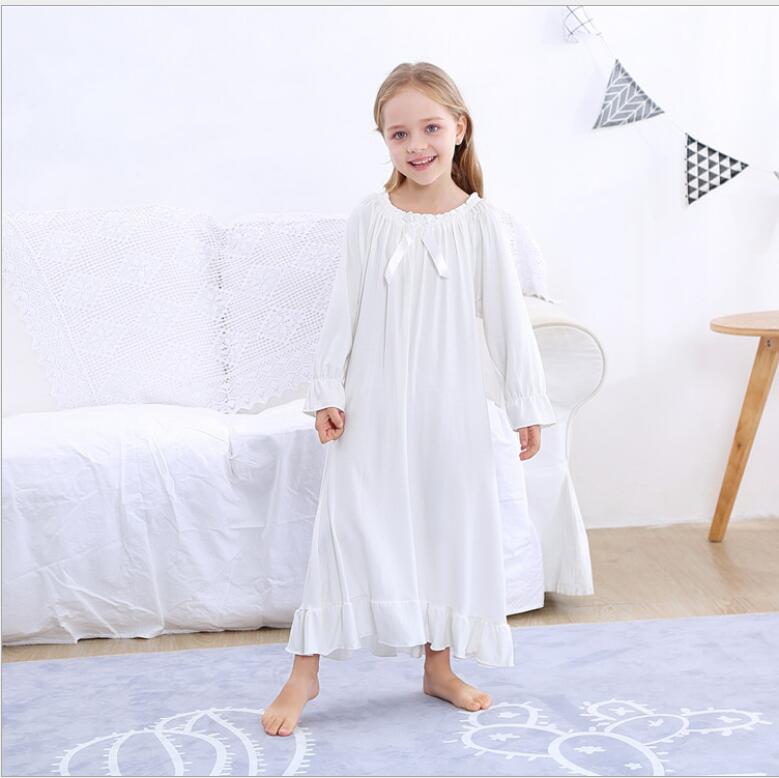 Camisón de algodón para niñas otoño blanco rosa lazo niñas camisón de manga larga niños ropa de cómodo ropa de casa