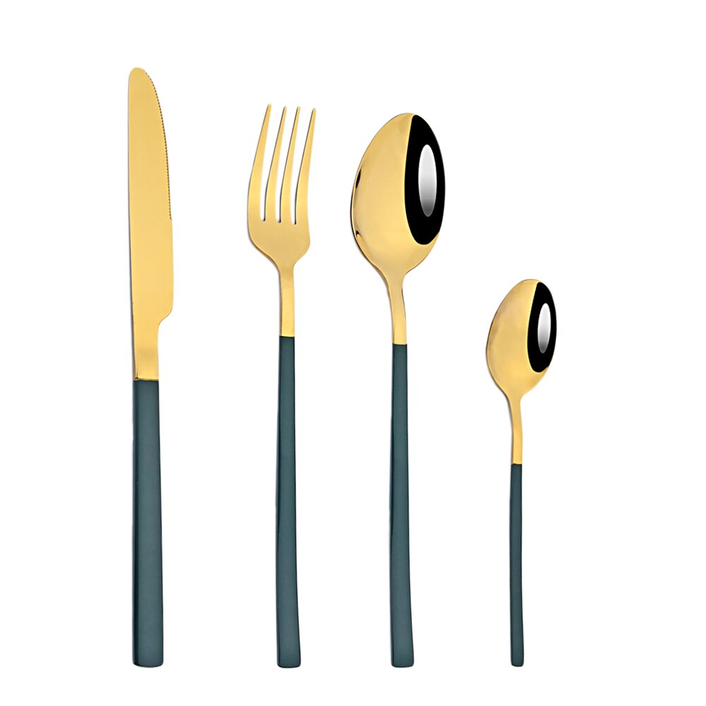 Zoseil – service de couverts en acier inoxydable, vert et or, fourchette à Dessert, cuillère à thé, vaisselle de table, service de cuisine: Green gold