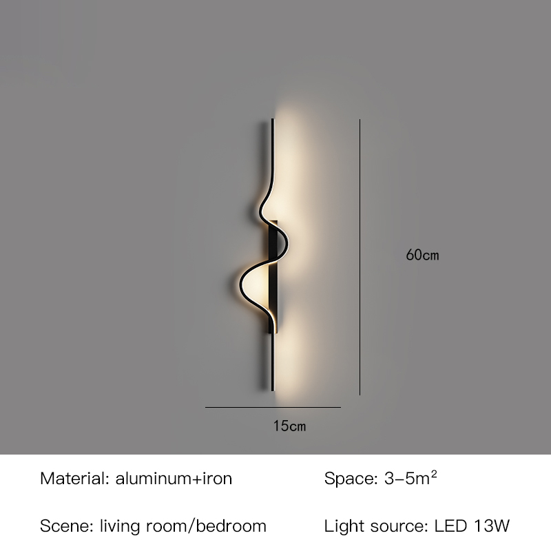 Minimalistisk led-væglampe til sengebord, stue, soveværelse, trappe, korridor, køkken, butik, tv, baggrund, moderne, sort, natbelysning