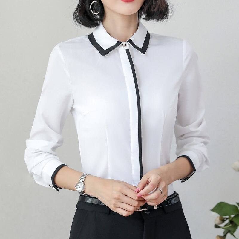 Tøj patchwork kvindeskjorte forår formel langærmet slim chiffon bluse kontor dame arbejdstøj plus size toppe: Hvid / M