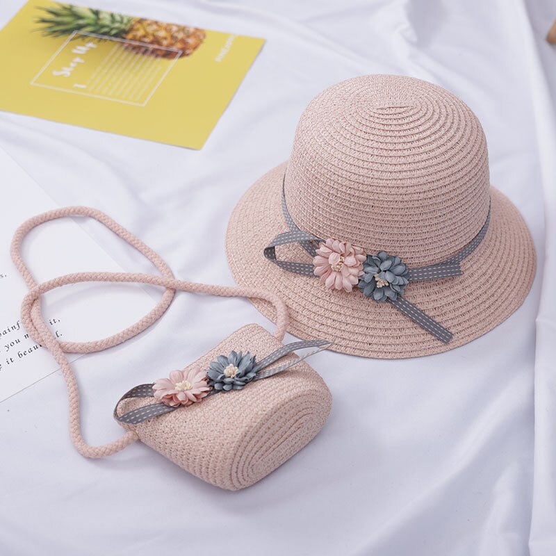 2 pçs meninas flor chapéu de palha com bolsa crianças verão chapéu de sol meninos meninas panamá praia chapéus: Rosa