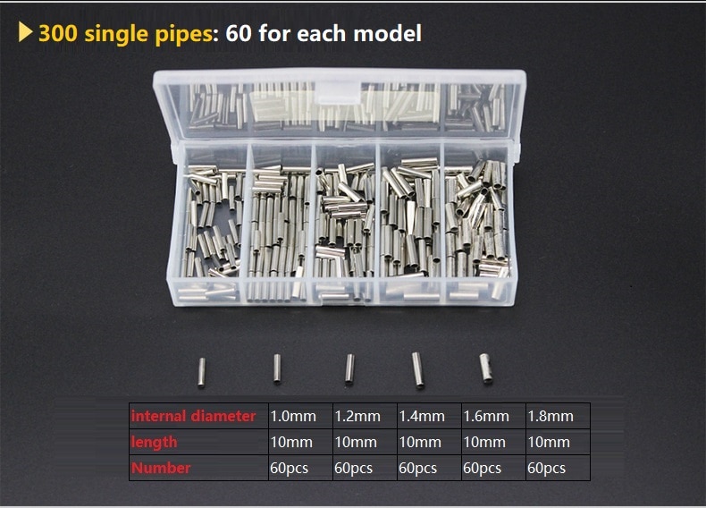 300pc/lot Single copper tube Barrel Crimping Sleeves fishing stainless steel fishing line Crimp Connectors 5 Size Mixed with Box: A