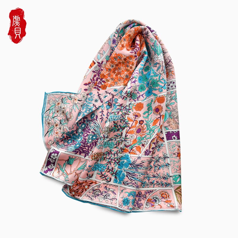 Pink blomstret ægte silke satin tørklæde kvinder 100%  naturlige silke hovedtørklæder firkantet forår efterår bandana sjal til damer