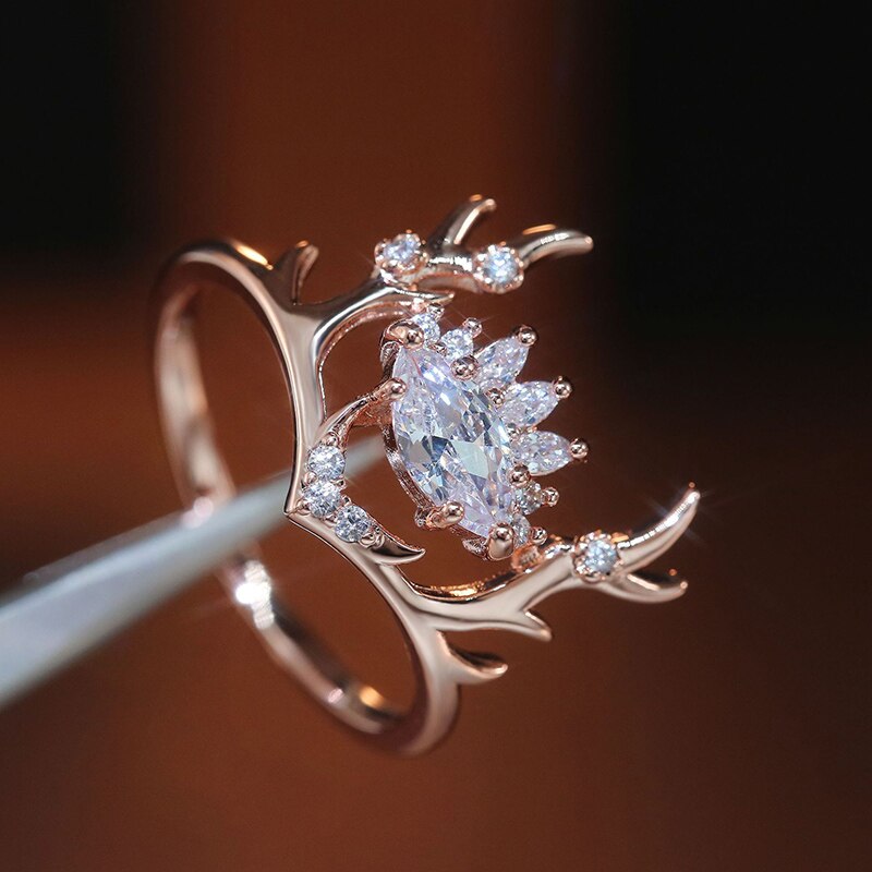 Bagues de luxe en or rose avec corne de cerf pour femme, bijoux de fiançailles, de mariage, de noël, avec incrustations de cristal de zircone blanche: 9