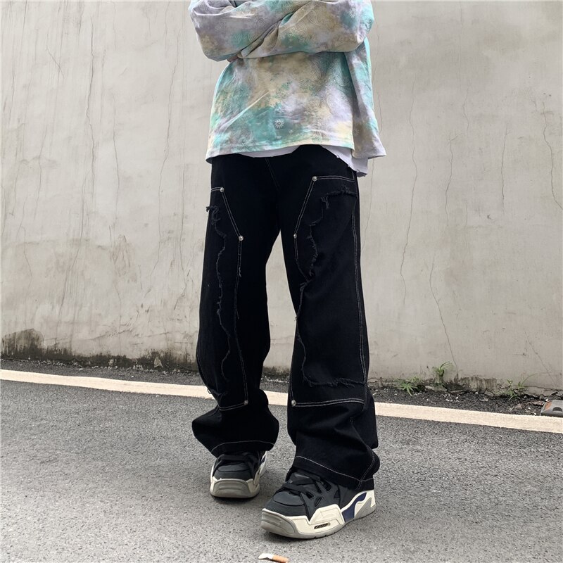 Haute Rue Couche Épissé Solide Jeans pour Hommes Harajuku Droit Baggy Denim Pantalon Oversize Déchiré Lâche Décontracté Jean Pantalon