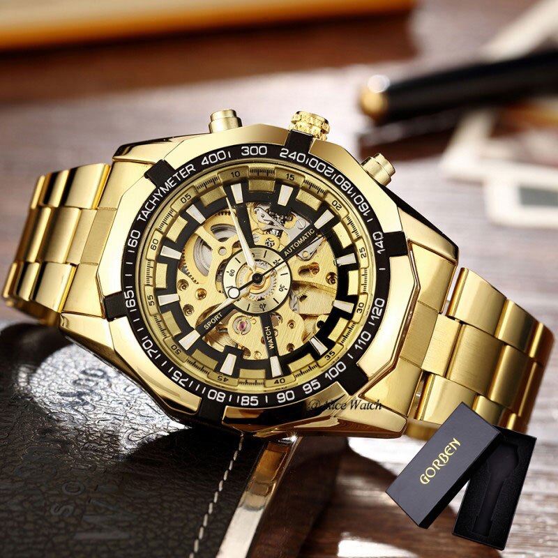 Mannen Skelet Luxe Automatische Mechanische Horloge Roestvrij Staal Zelf-Wind Polshorloge Zilver Goud Mannen Klok Relogio Masculino: Golden with box