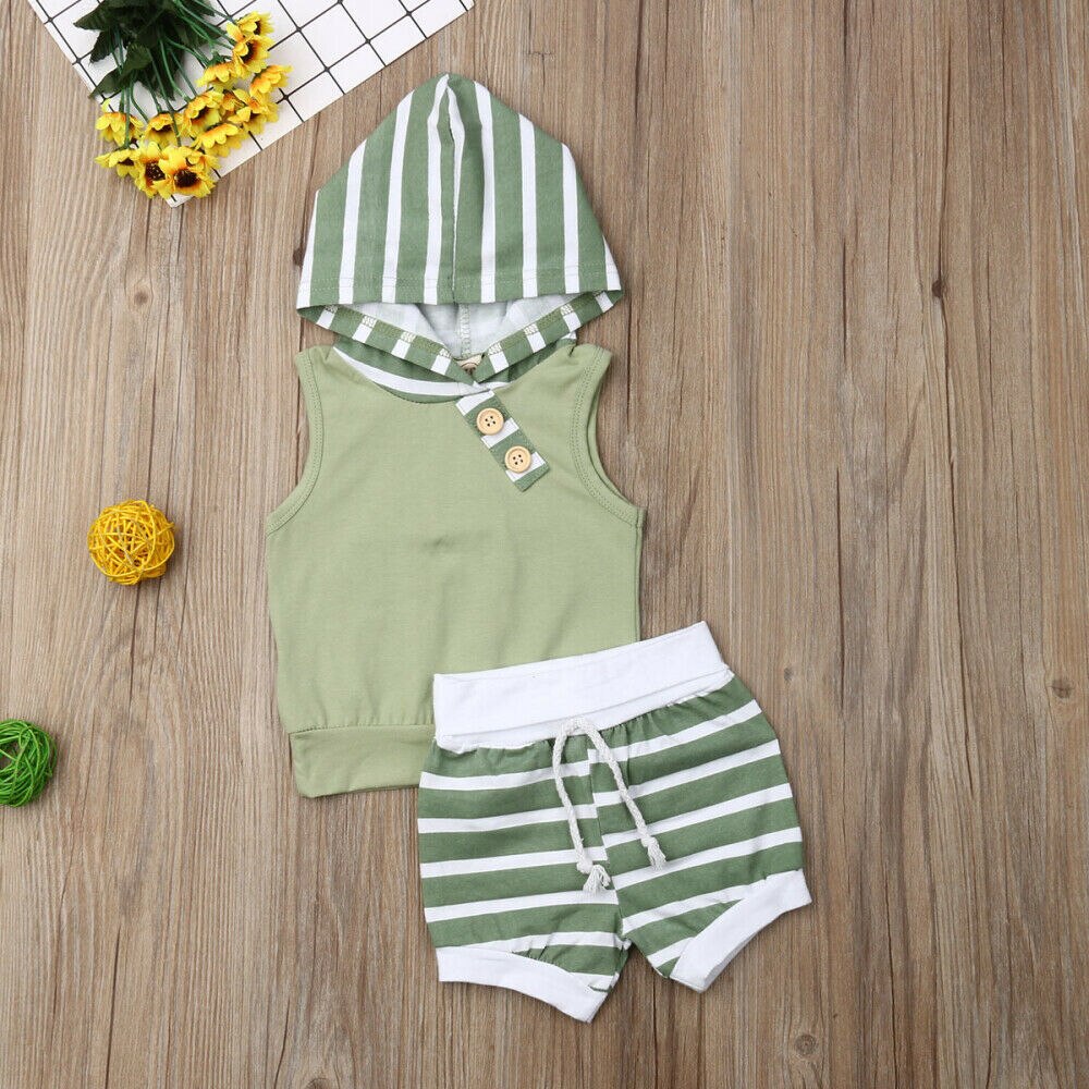 Baby Zomer Kleding Peuter Baby Meisje Jongen Casual Kleding Sets Hooded Streep Tops Vest Korte Broek Outfits 2 Stuks set 0-18 M