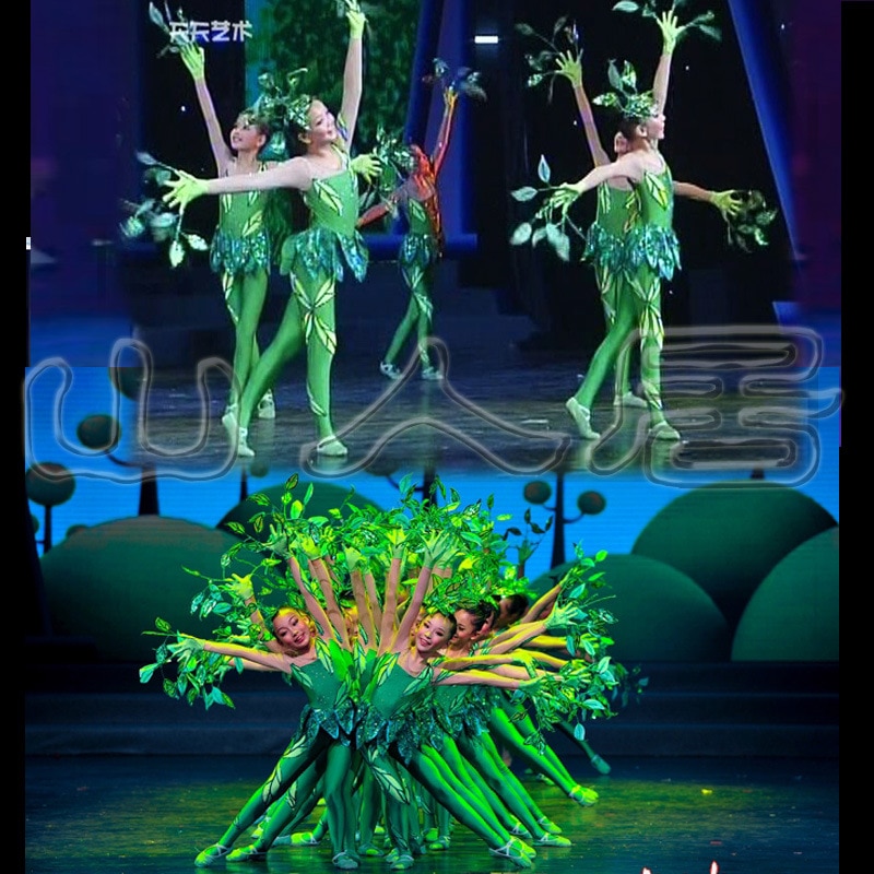 Kinesisk vind dans kostume lille træ dans kjole performance kostume barn blad kostume kollektiv scene performance tøj