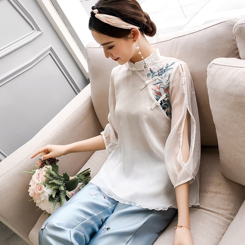 Ropa de estilo chino para mujer, traje Tang con bordado de flores, camisas tradicionales Qipao Cheongsam, blusa para mujer