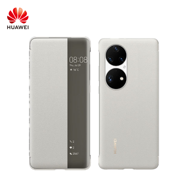 Huawei P50 Pro – coque de protection en cuir, étui à rabat avec fenêtre, veille intelligente, réveil, support: Grey