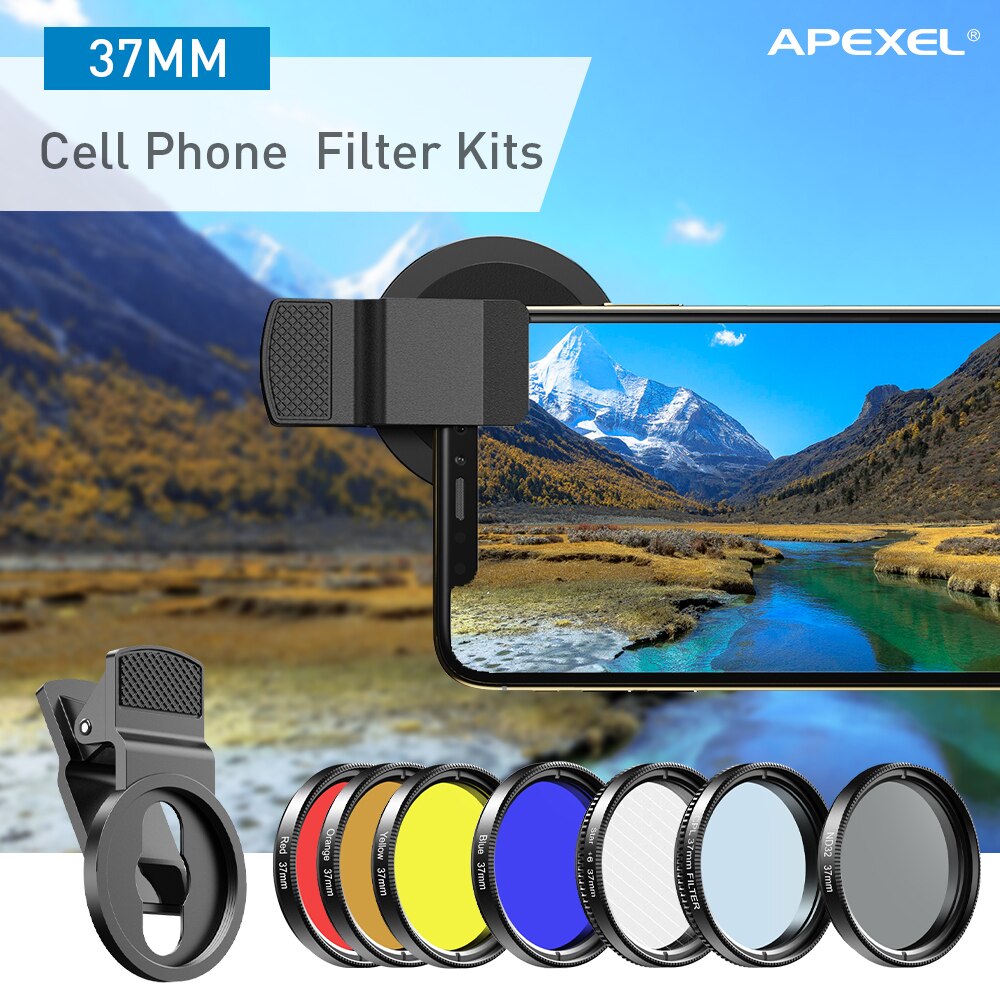 Apexel 7 In 1 Camera Phone Lens Kit 37Mm Graduate Rood Blauw Geel Filters + Cpl/Nd Ster filter Voor Smartphones Telescop Accessoire