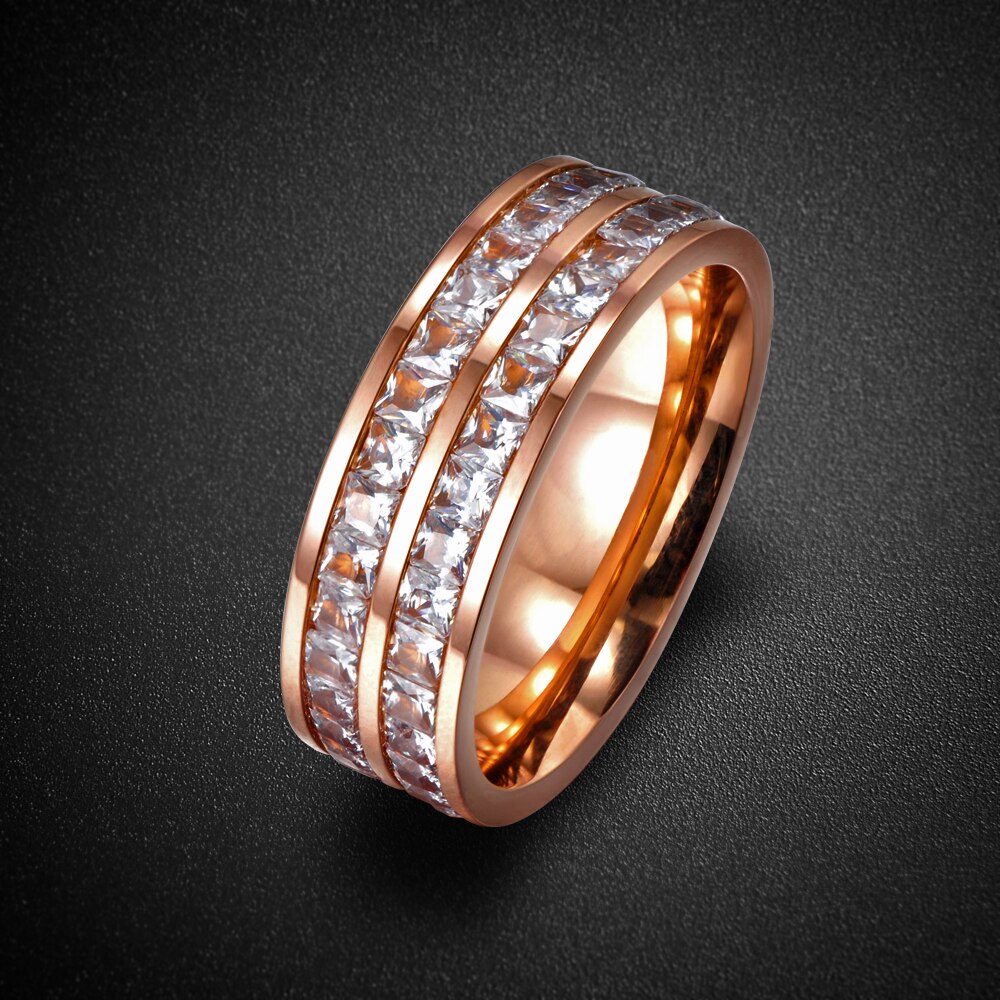 Lokaer anéis de casamento femininos, aço de titânio, design simples, duas fileiras, zircônia cúbica clara, cor rosa, de ouro, aniversário, para mulheres, r17050