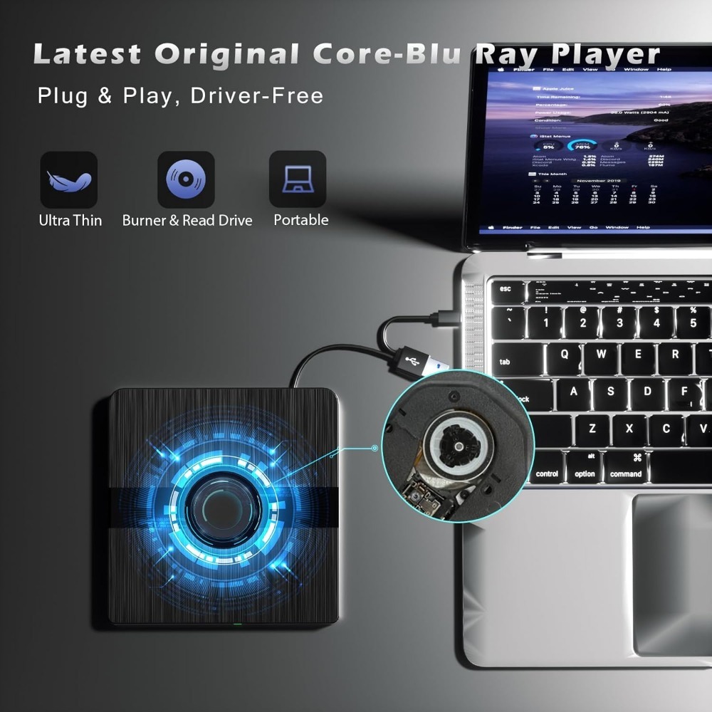External 3D Blu Ray Drive Portable Blu ray Player 2 in 1 USB 3.0 CD DVD Read/Write Bruner Compatible with Win11/10/8/7, Mac OS