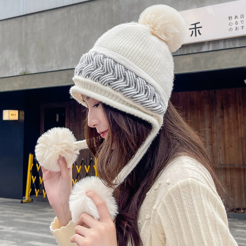 2022 Women Winter Ear Cap Ladies Woolen Hat Korean Earflap Knitted Outdoor Warm Snow Fiuffy Pompom Windproof Ski Cap