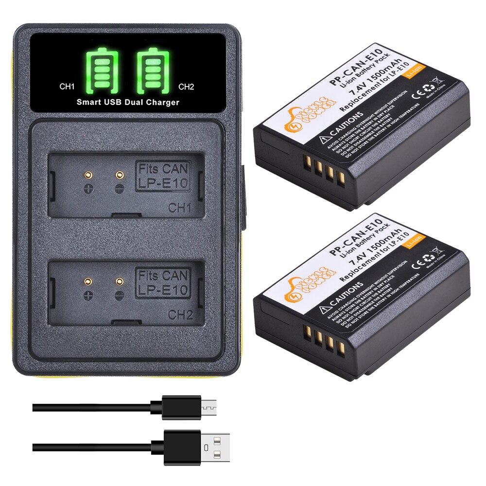 LP-E10 LP E10 LPE10 Kits de chargeur de batterie pour Canon EOS 1100D 1200D 1300D Kiss X50 X70 X80 rebelle T3 Batteries avec Port de Type C.: Charger and 2Battery