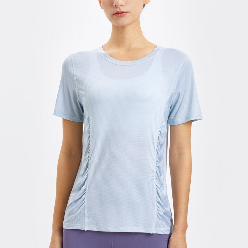 Lockere sport-t-shirts für damen, schnelltrocknende fitnessbekleidung, rundhalsausschnitt, einfarbige yoga-shirts, kurzarm: Blau / L