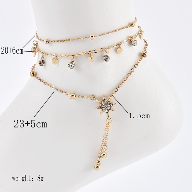 3 Pcs/Set Gold Crystal Sequins Star Beads Anklets for Women Bracelet on The Leg Foot Beach Jewelry Accessories