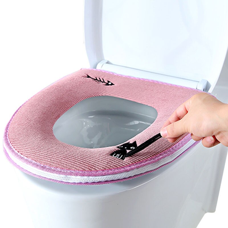 Vandtæt toilet sædeovertræk husholdningspude fortykning lynlås toilet sæde pude badeværelse værktøj: Lyserød