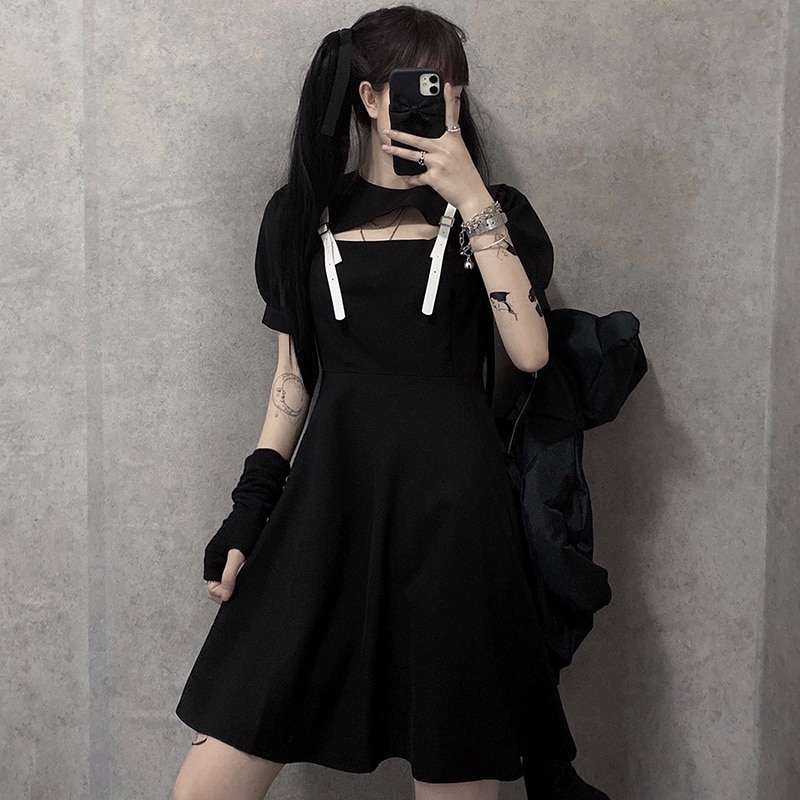 Sommer japansk slank sort kjole sød begravelse pufærmer syninger læderbælte talje krammende kjole gotisk lolita kjole: L
