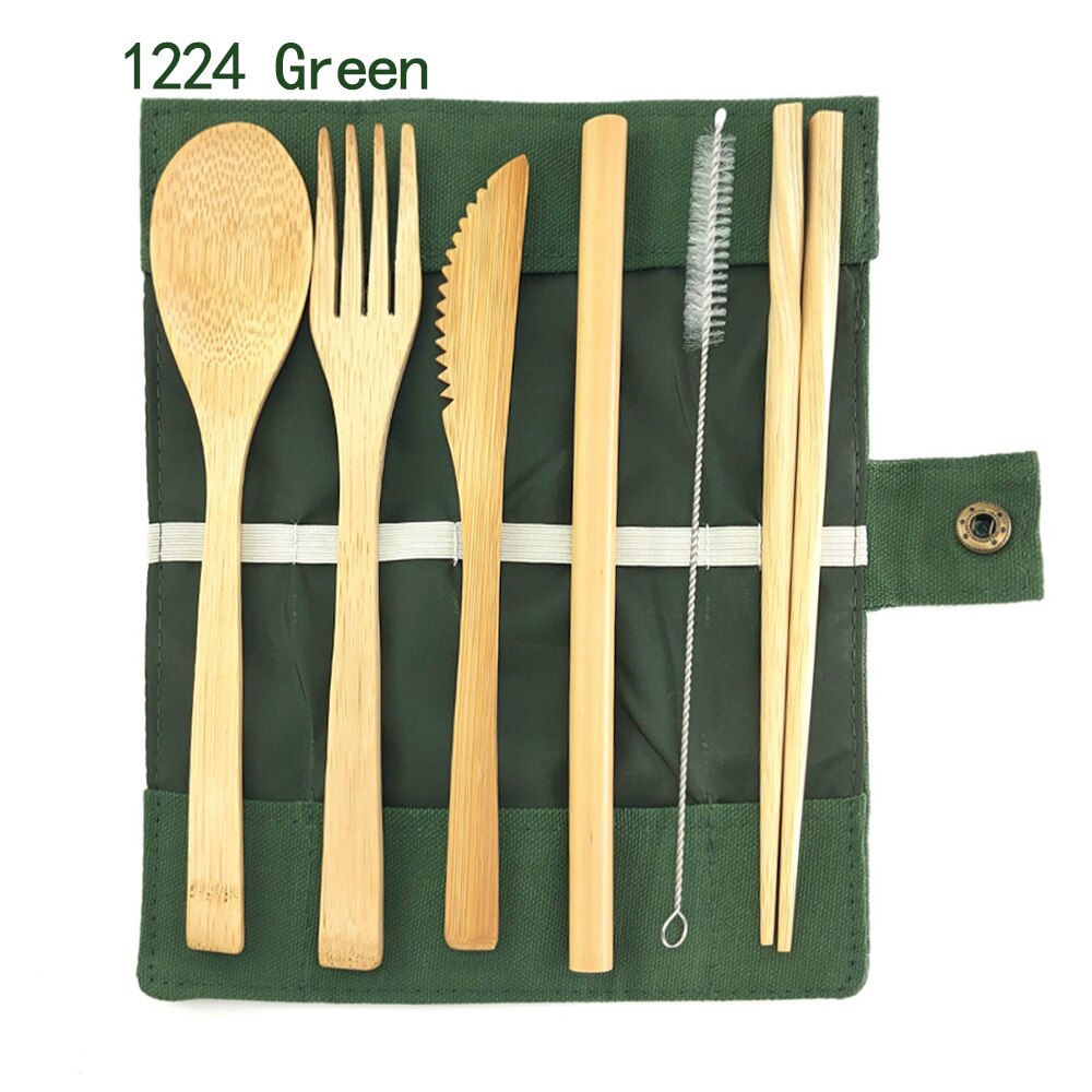 Bamboe Bestek Set Herbruikbare Bestek Set Servies Mes, Vork, Lepel, stro 0 Afval Dinnnerware Camping Reizen Bestek Set: 1224 Green