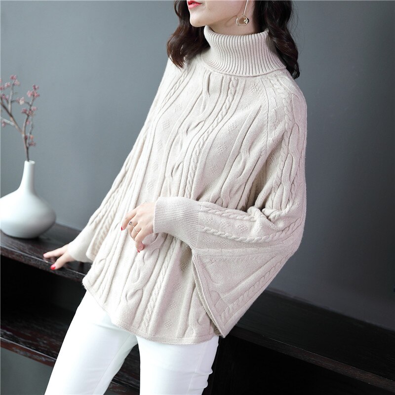 Kvindelig wrap swing cape efterår og vinter doven vind kvinders højkrave pullover twist bat sweater dame sweater dame