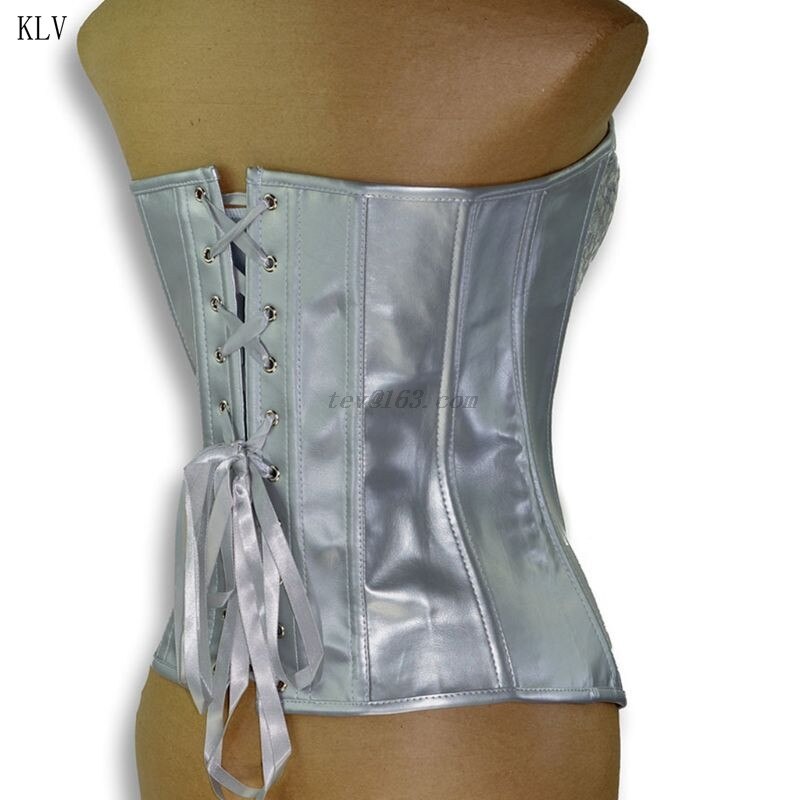 Women Sexy Gothic Shiny Silver Boned Corset Faux Leather Overbust Bustier Front Zipper Lace-Up Waist Cincher Clubwear