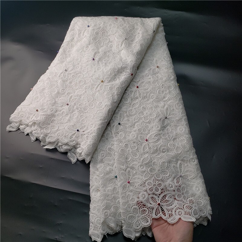 Tela de encaje de guipur de grado clásico para vestido de boda, tejido suave bordado, cordón africano, color blanco puro, amigable con la piel, última NN957-k: with beads2