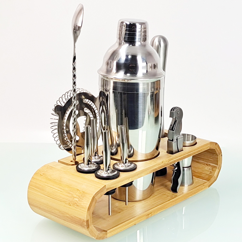 Mixer Drink Bartender Browser Kit Bars Set Tools Stainless Steel Cocktail Shaker with Wooden Rack Stand Home Party Accessories