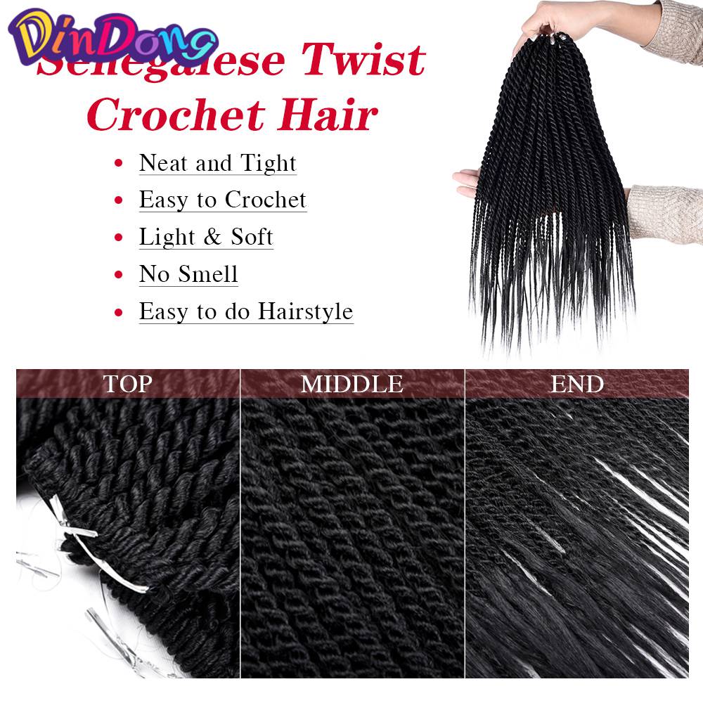 DinDong Senegalese Twist Hair 16'' 18 '' Crochet Braids 4 Pack Synthetic Senegal Braiding Hair 72 roots