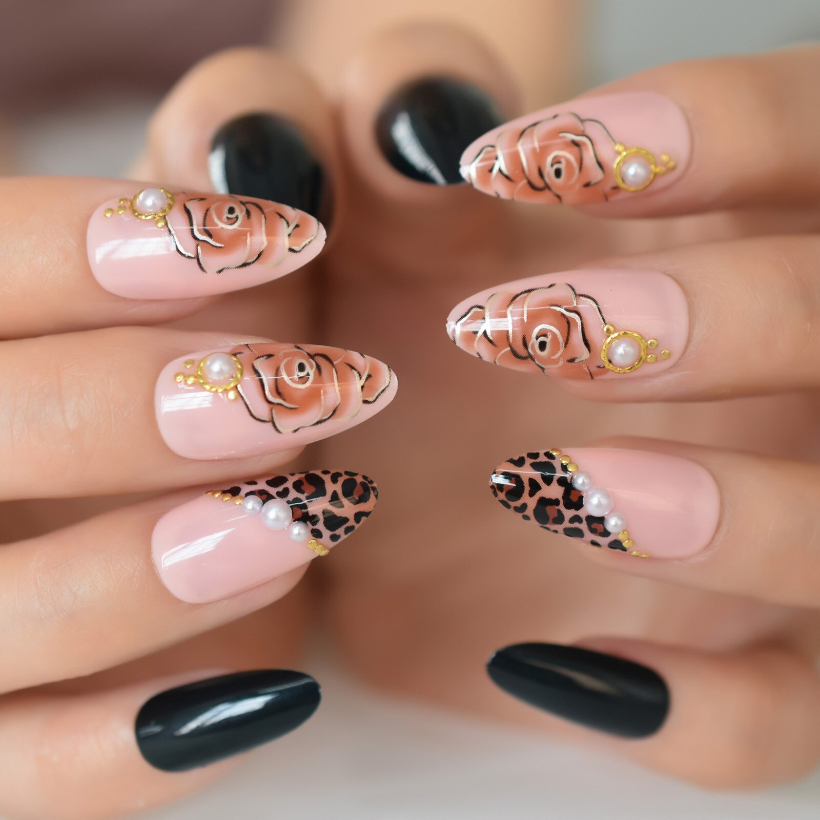 Rose negle tryk på negle mandel medium-korte fingernegle spidser flase nails art forsyninger til professionelle echiq negle 24 stk.: L5856