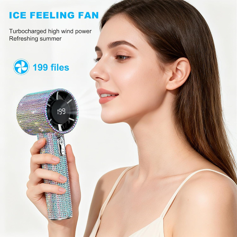 Ein prächtiger und eleganter Handventilator mit großem Akku für eine lange Akkulaufzeit, mit glitzerndem Rand.