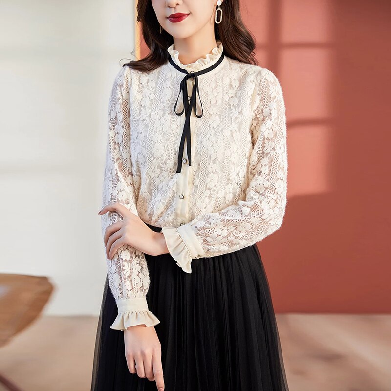MIUXIMAO-Blusa de encaje de manga larga con cuello levantado para mujer, ropa de primavera, estilo de oficina, 2022