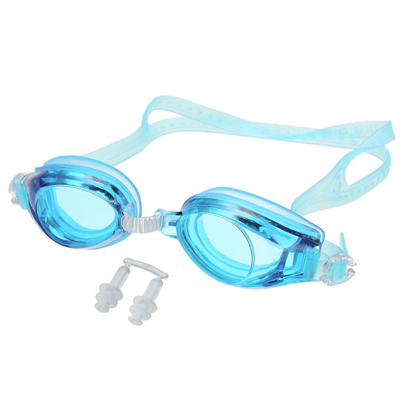 Waterdichte siliconen zwembril met oordopjes, verstelbare zwembril, anti-condens, uv-bescherming, zwembril: Hemelsblauw