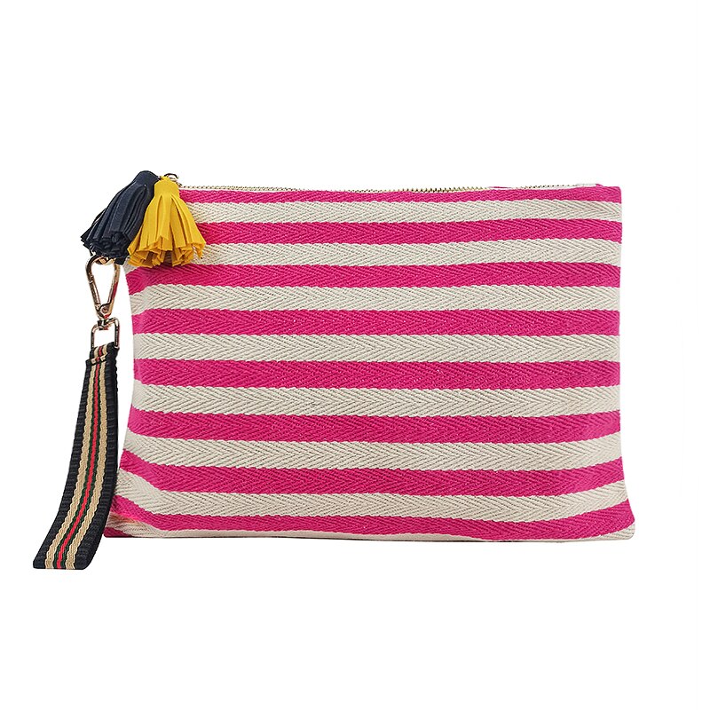 Cosmetic Bag Women Striped Makeup Case Organizer Korean Tassel Cosmetic Pouch Necesserie Travel Toiletry Bag Canvas Beauty Case: Rose