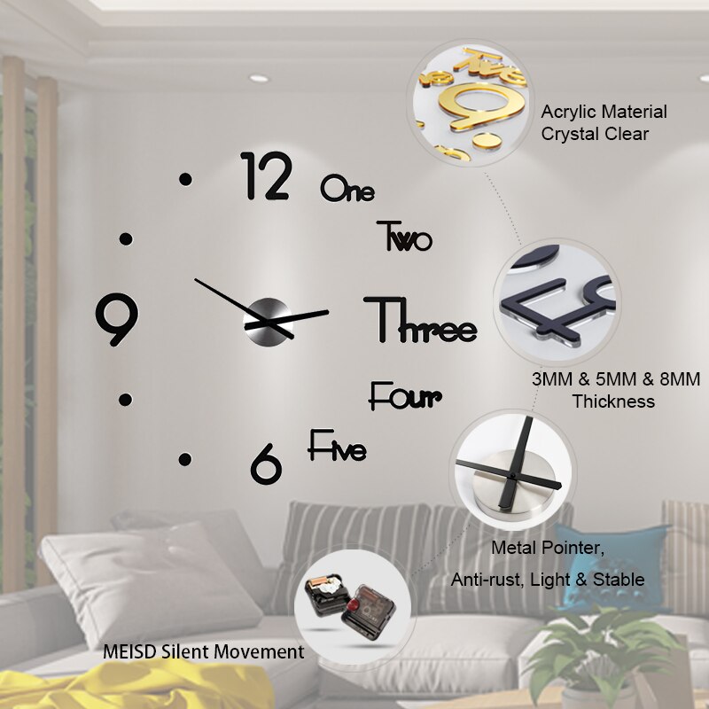 DIY Large Wall Clock Modern 3D Wall Sticker Clock Silent Home Decor Living Room Acrylic Quartz Horloge Wall Clock